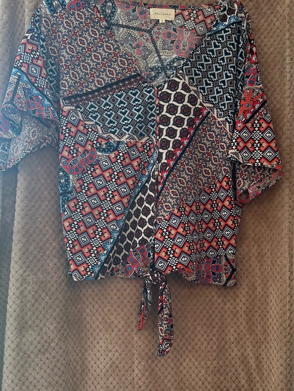 Melloday Printed Tie-Front Women’s Top - Multi-Color Patchwork